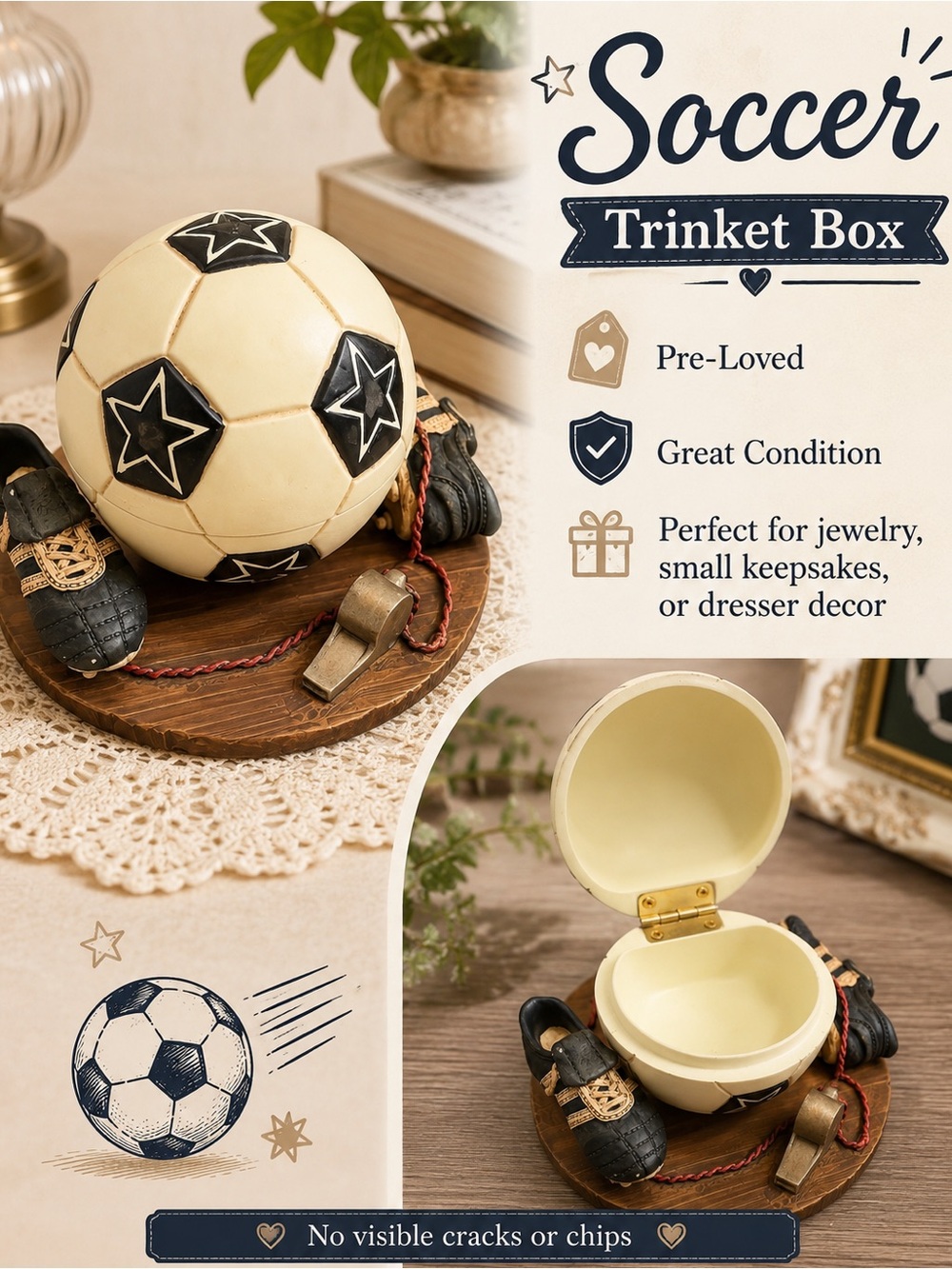 Soccer Trinket Box - Cream and Black Decorative Keepsake